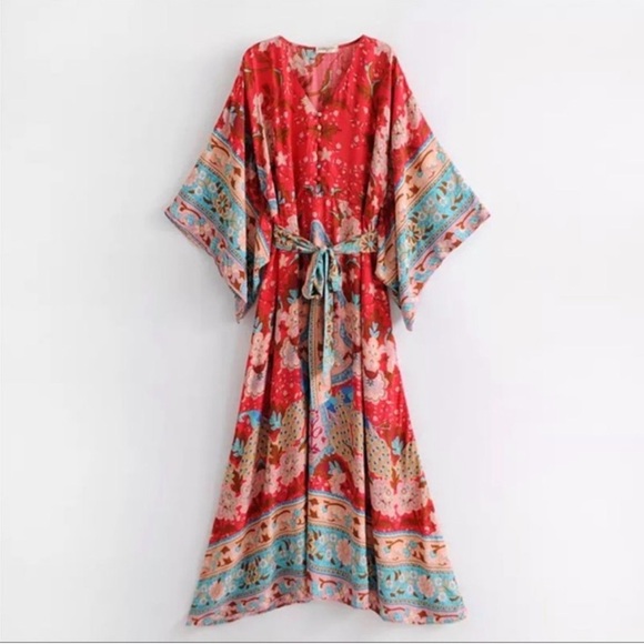 New Boho Floral Kimono Red Maxi Lotus Dress - Picture 2 of 5